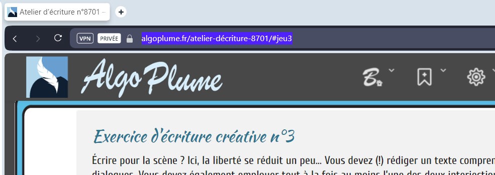 Exemple d'URL de l'exercice-jeu d'écriture créative de l'atelier Algo Plume